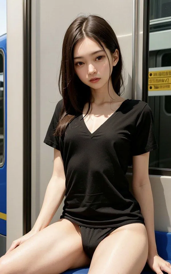 [やなせ]電車で徐々に脱がされていく貧乳美女のヌード写真集【AI妄想グラビア写真集】