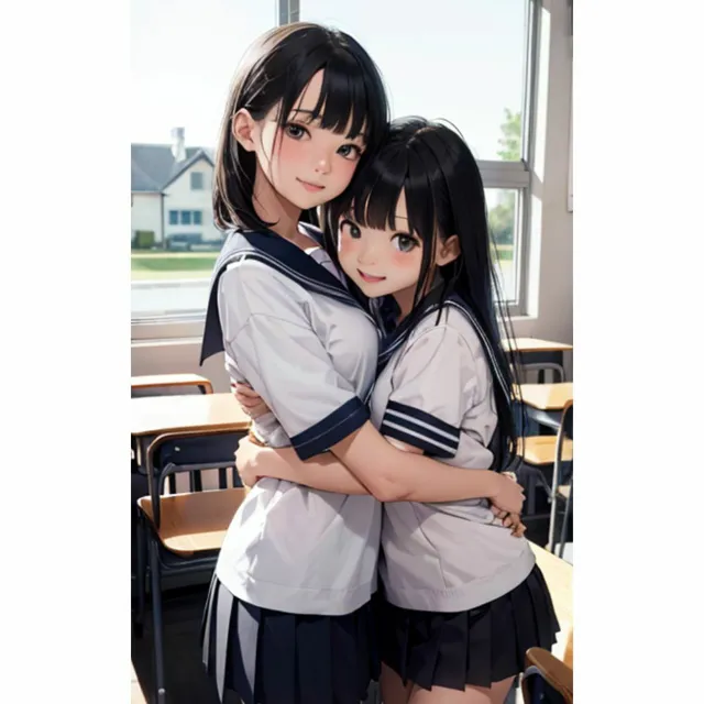 [美少女]かわいい女の子が教室で抱き合っている