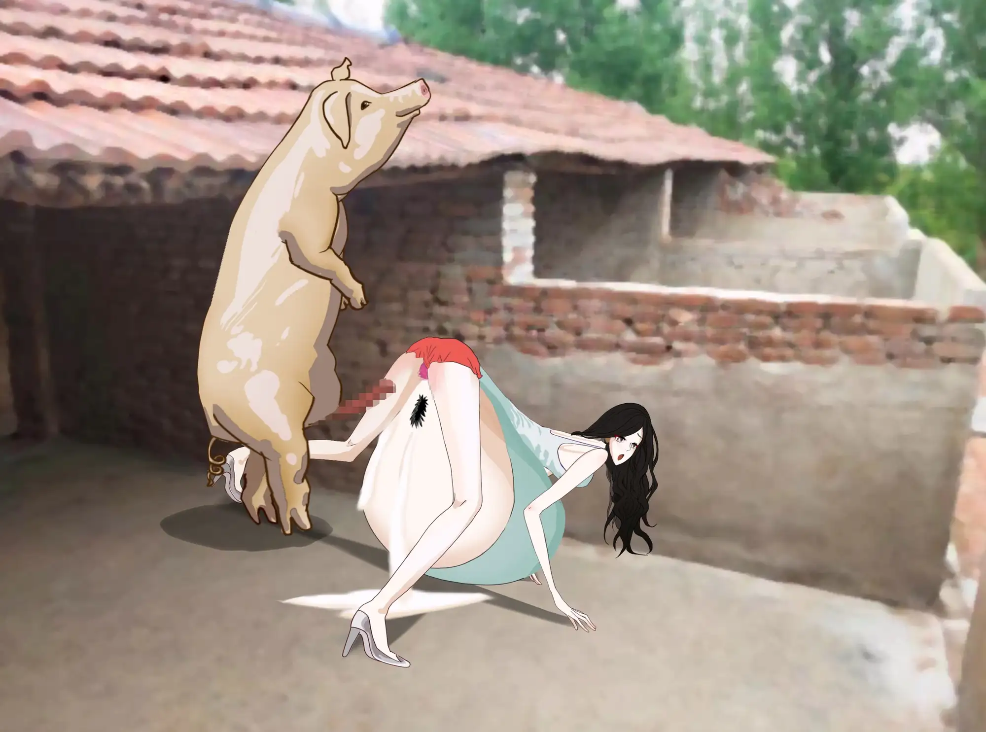 [妊娠中の美巨人]農家の少女が豚にレイプされ即妊娠