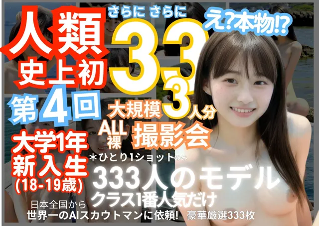 [k.AI World]「人類史上初！前代未聞の333人！大学1年新入生18歳と19歳！ 第4弾「クラスで1番の女の子の裸だけが拝める」Xデー到来！！」