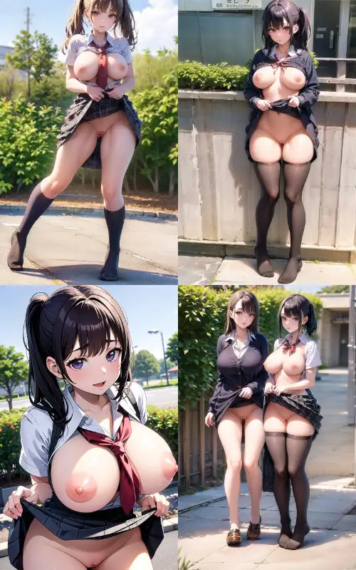 [AI Maker.Love]巨乳美少女 JK制服 ノーパンスカートめくりCG集 立ちポーズ編