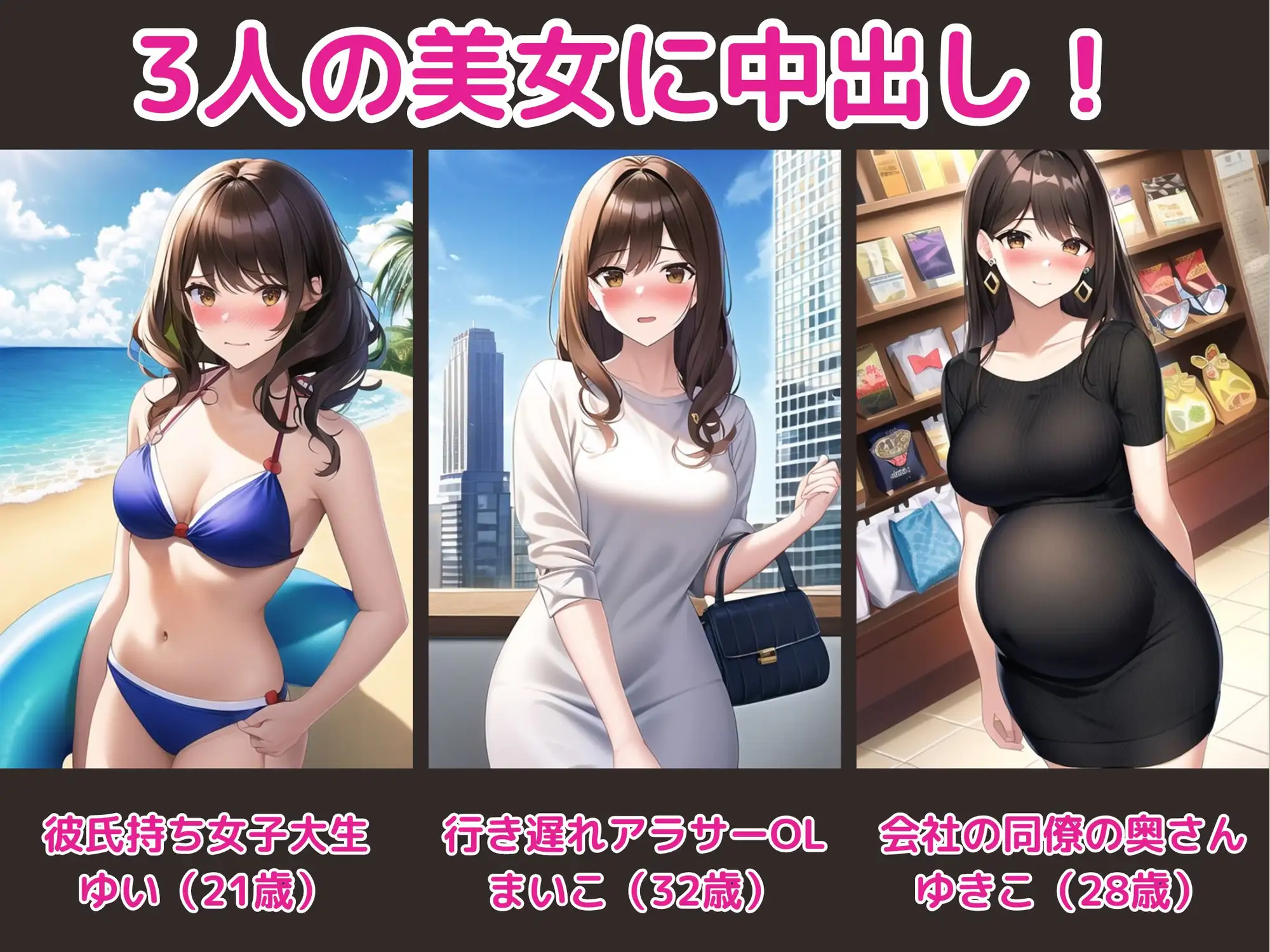 [めろんミント]中出しされる女たち～巨乳美女の中に注いでみた～(彼氏持ち女子大生 / 行き遅れアラサーOL / 会社の同僚の奥さん(妊婦))