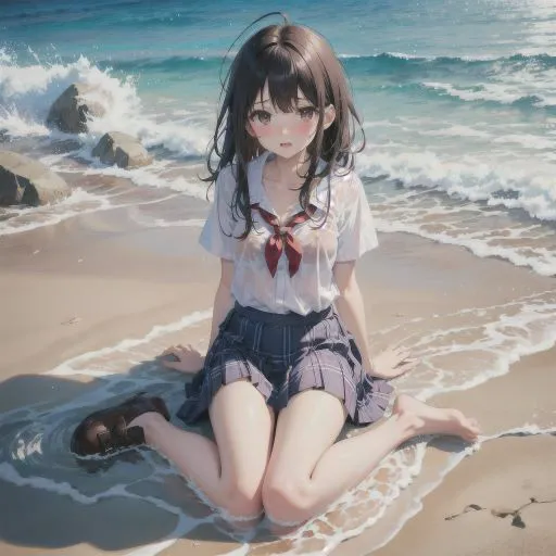 [制服あーと]海辺で遊ぶ、びしょ濡れ制服美少女