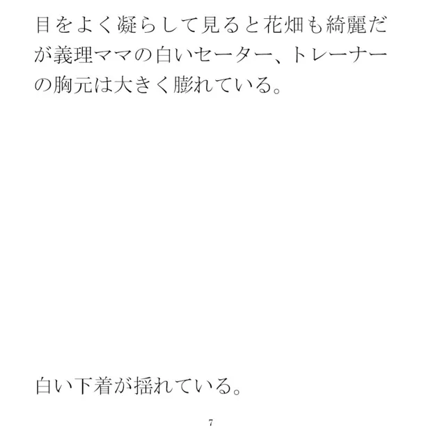 [逢瀬のひび]花畑のベンチに座った真っ白パンツの義理ママと