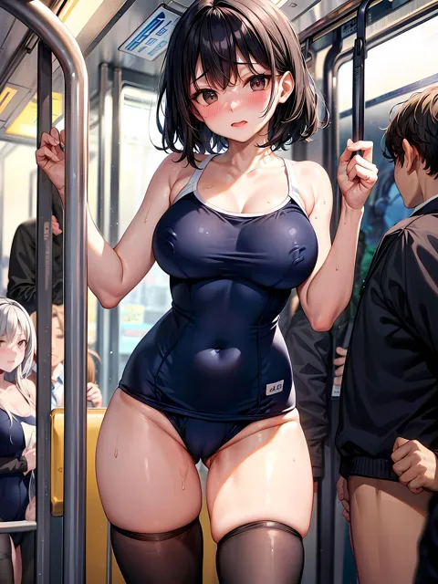 [妄想サチュレーション]水着で電車に乗り込む痴女JKのCG集