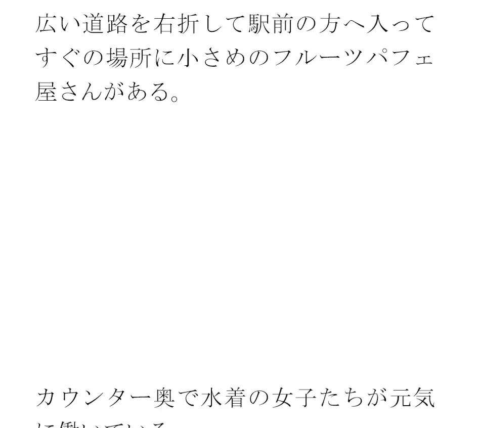 [逢瀬のひび]街中のフルーツパフェ屋さん 怪しげな窓とカウンター 店員の女子たちは真っ白下着