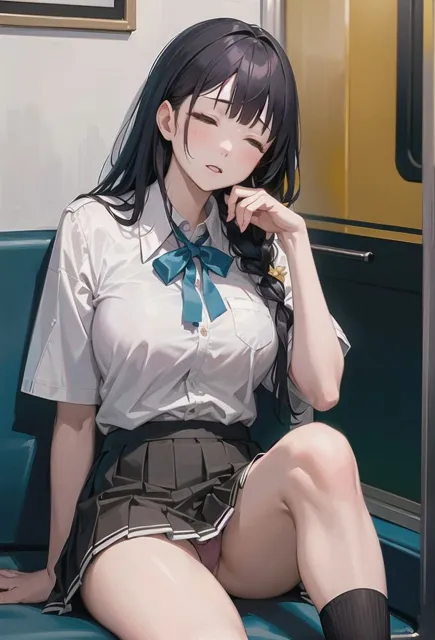 [AI am アニメAI画像生成見習い]電車に座るミニスカJKのパンチラ