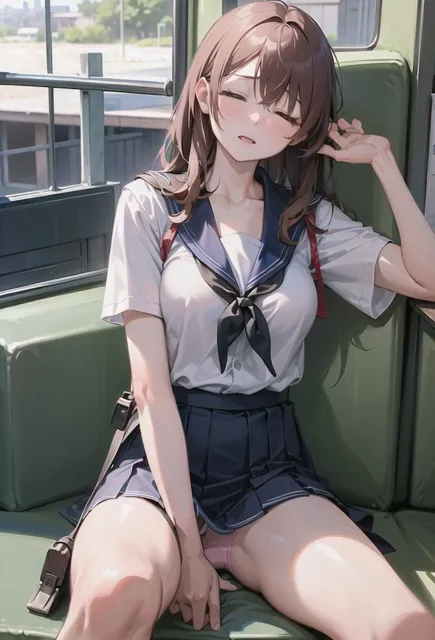 [AI am アニメAI画像生成見習い]電車に座るミニスカJKのパンチラ