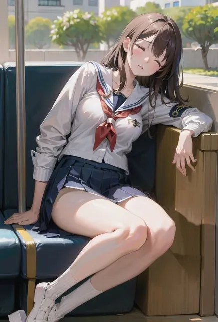 [AI am アニメAI画像生成見習い]電車に座るミニスカJKのパンチラ