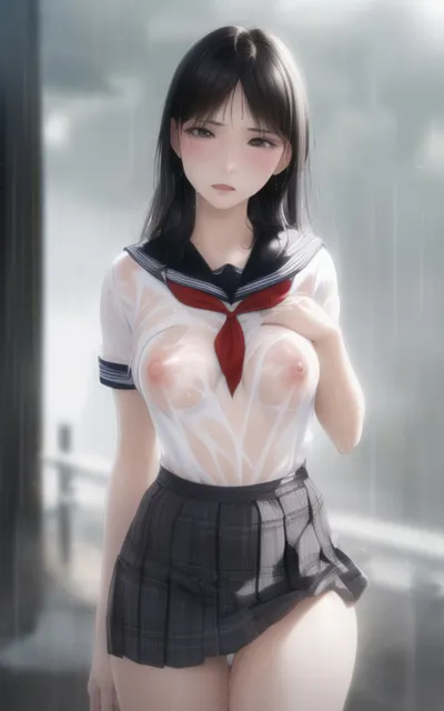 [やなせ]雨で濡れた制服美女が諦めてその場で脱いで全部見せてくれる写真集