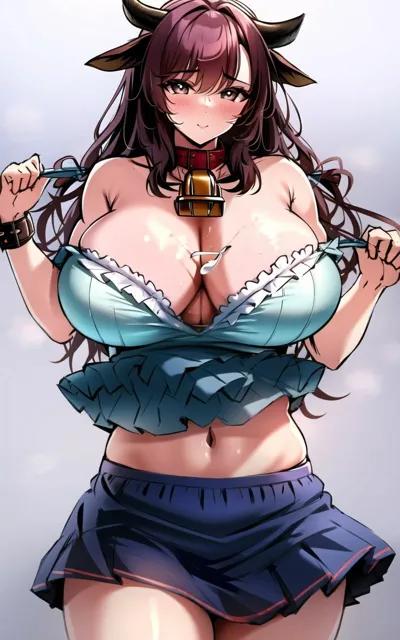 [いやしの動物娘【AIイラスト】]むちむち牛娘の巨乳と下着。150枚