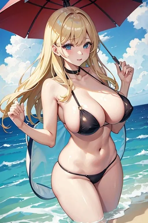 [色気の垂れ流し]海辺の巨乳金髪美女