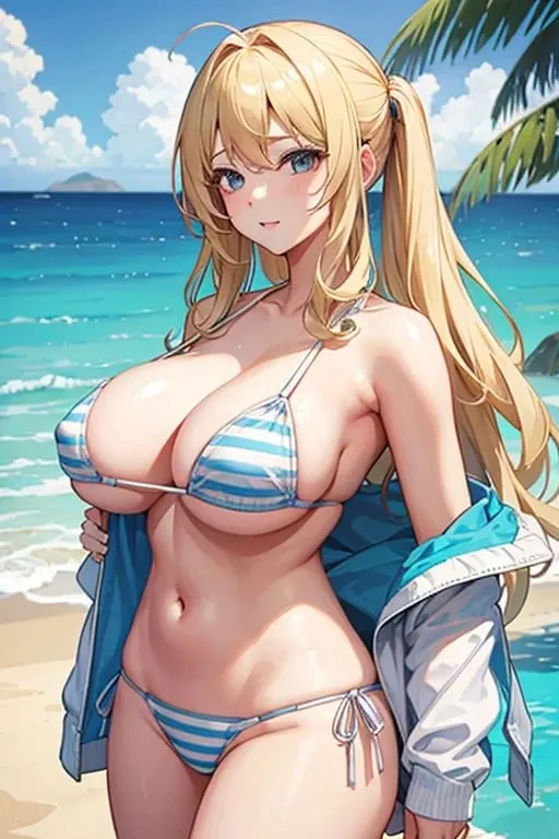 [色気の垂れ流し]海辺の巨乳金髪美女