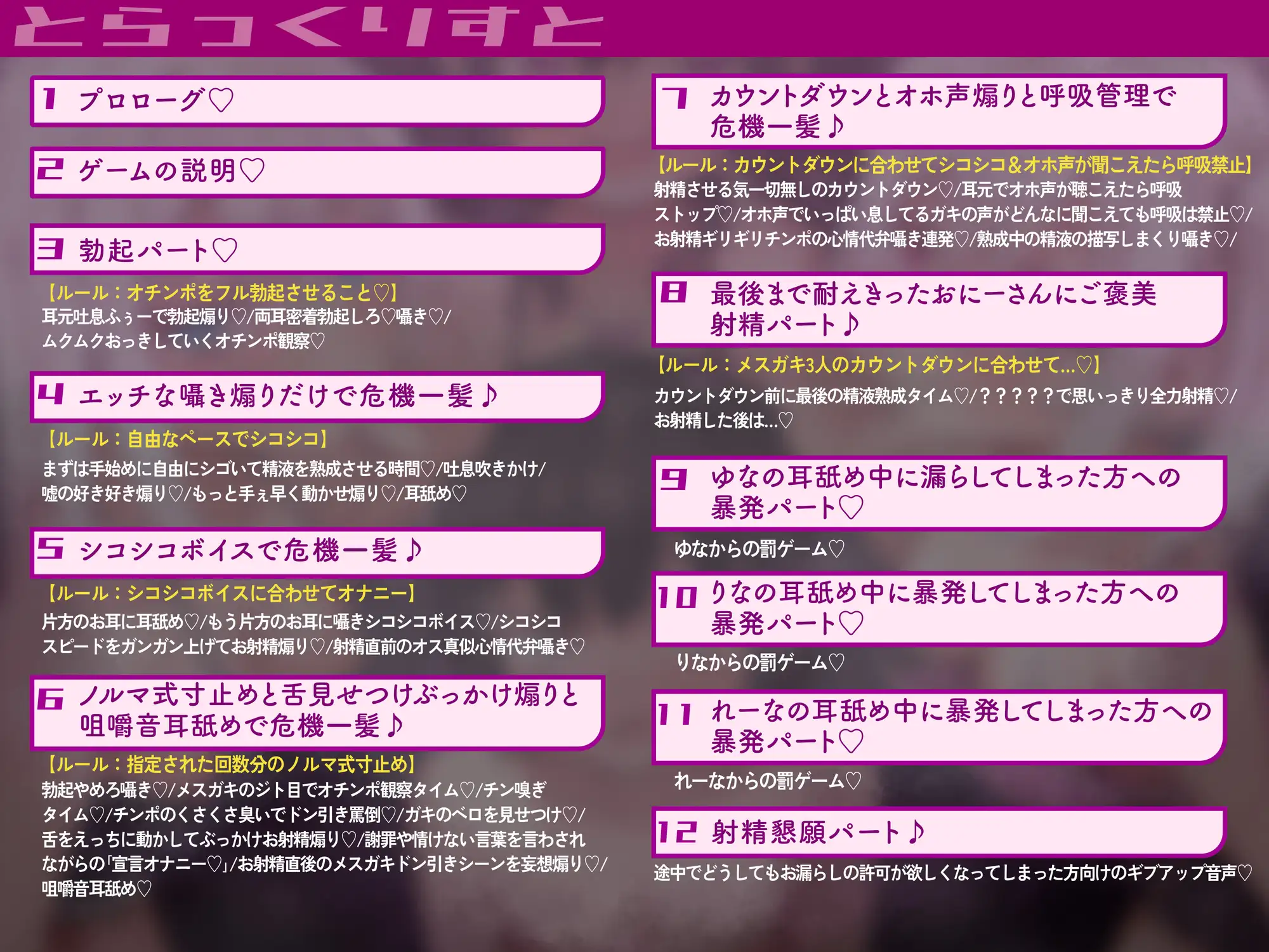 [しこたまちゃれんじ]クソ雑魚マゾチンポ危機一髪♪～くっそ性格の悪いメ○ガキ3人組のおちんぽぶっ壊し耳舐め射精禁止ゲーム～