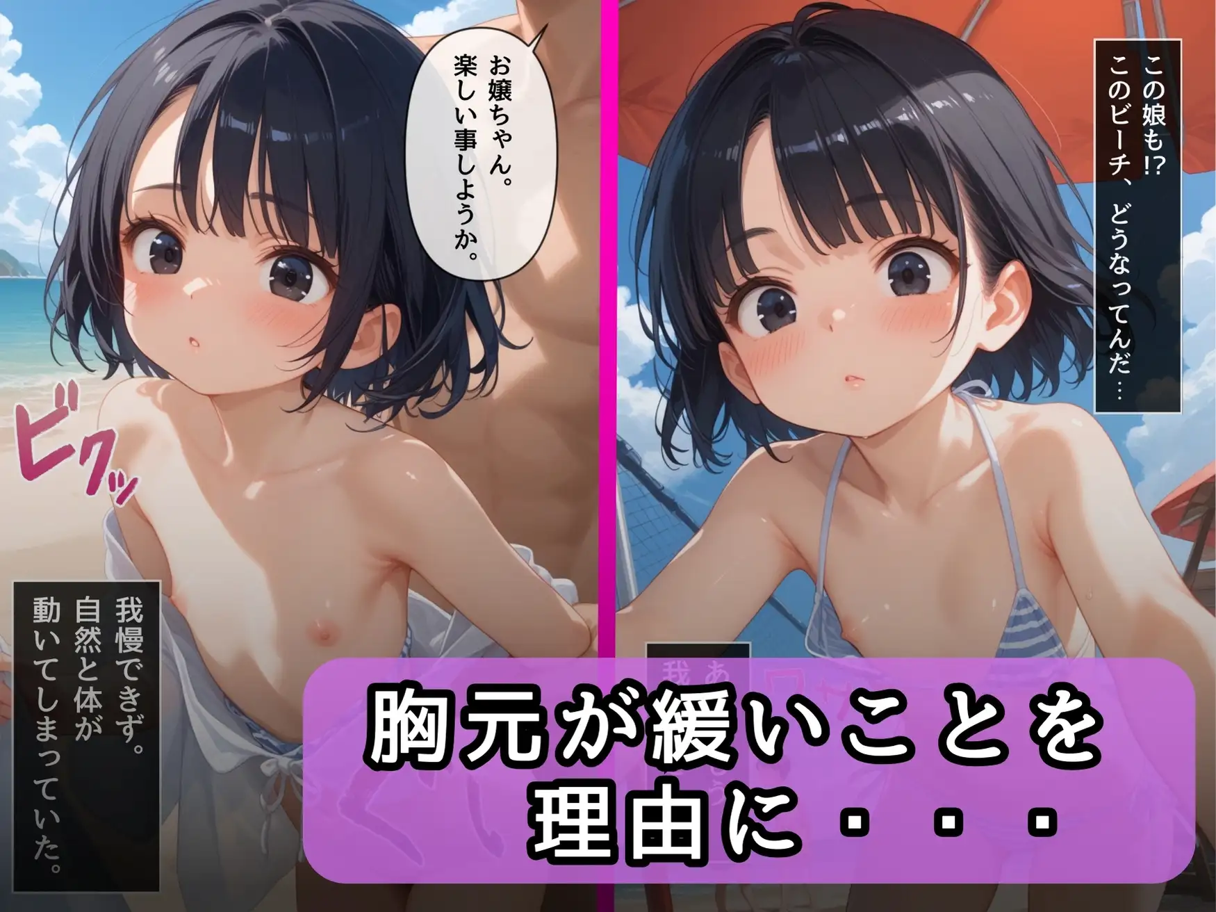 [りんりんあーと]【ねぇ、どこ見てるの?】ビーチにいるつるぺた少女達の胸元が無防備すぎて、ちんちんイライラ大暴走