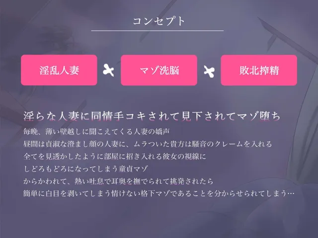 [被支配中毒]【30%OFF】童貞マゾがドスケベ人妻に勝てるわけがない…セックスの騒音がうるさいと伝えたら謝罪手コキで弄ばれる【耳舐め＆乳首責め】